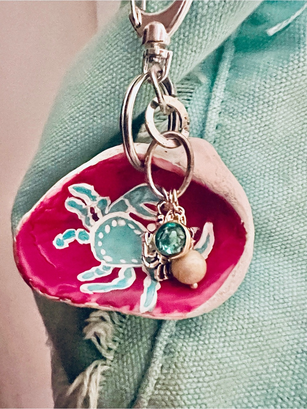 Hand-Painted Pink Shell Keychain with Aqua Crab Charm